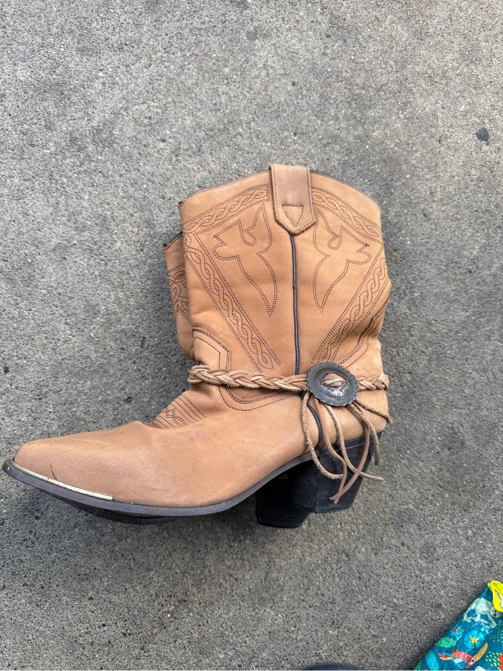 Tan Western Braided Ankle Cowboy Boot with Concho